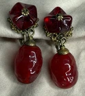 Vintage Miriam Haskell Red Glass Dangle Earrings Screw Back Gold Tone Signed