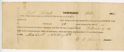 1876 Lancaster Co. PA Tax Notice & Property Valuation signed HB Weaver Albright