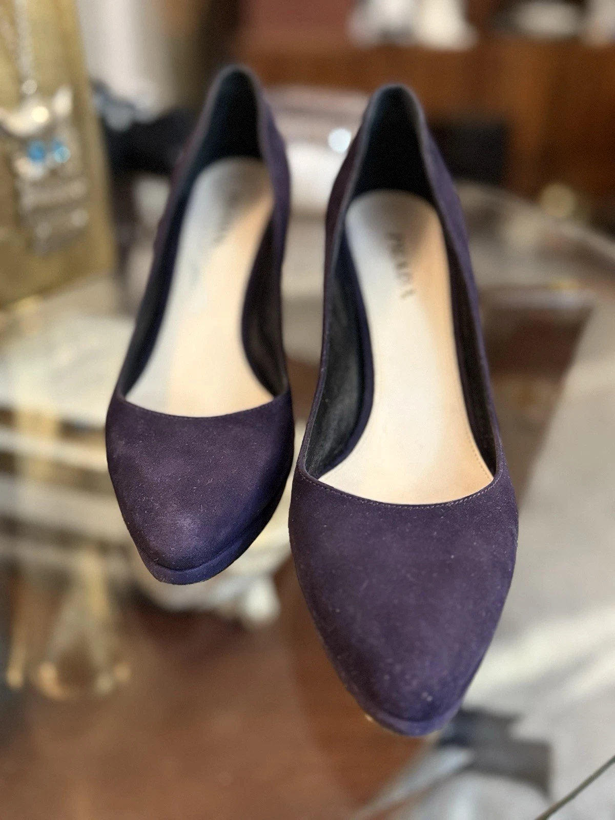 Prada Autentica Viola Indaco Suede Pump Taglia 40 Rara US TG 9 9 5