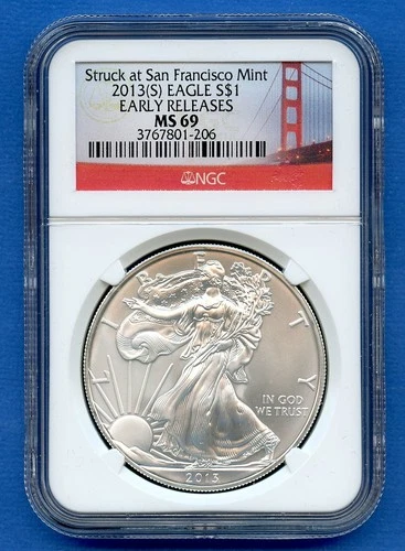 2013 S NGC MS69 ASE 1oz American Silver Eagle $1 US Mint Coin Early Releases