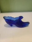 Vintage FENTON Glass Shoe Cobalt Blue Drapery Style Cat Head Slipper Figurine