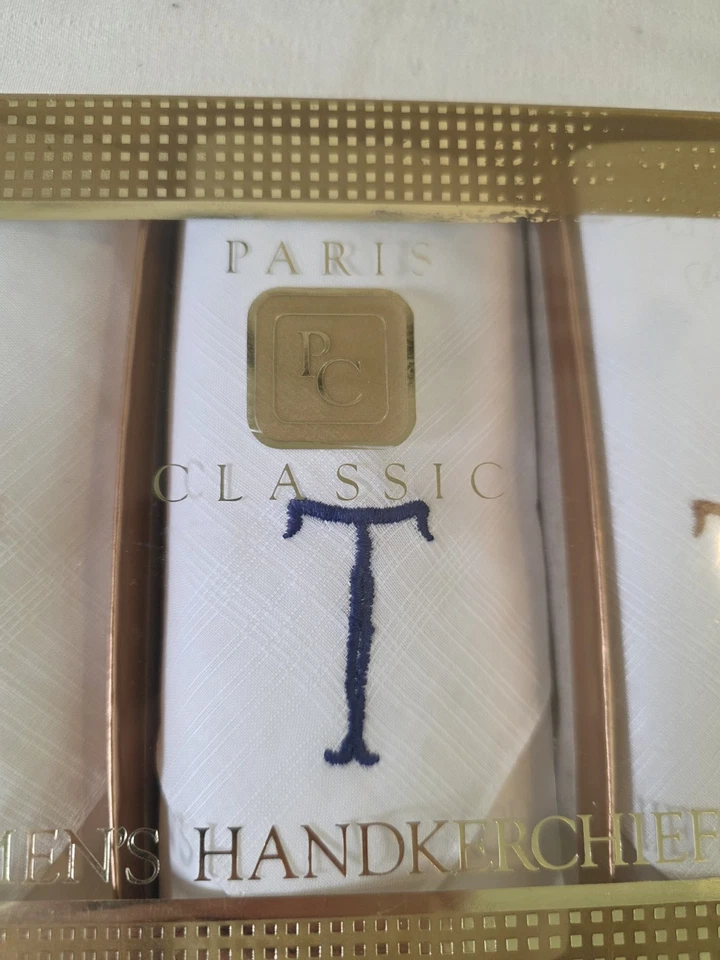 复古 Monogrammed 手帕 初始 T Hanky 3 件套 男式 巴黎经典 全新 — 第 4/4 张图片