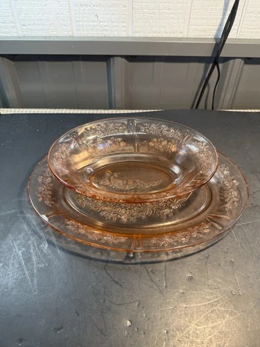 Pink Depression Glass Cabbage Rose Oval Bowl & Platter Set 12”