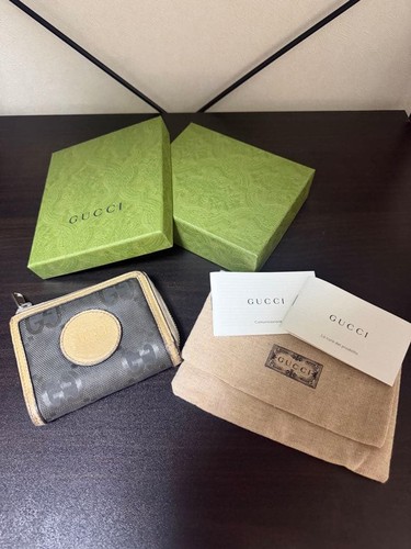 Gucci GG Check Off The Grid Wallet Bifold Beige Gray Nylon Leather Box Italy