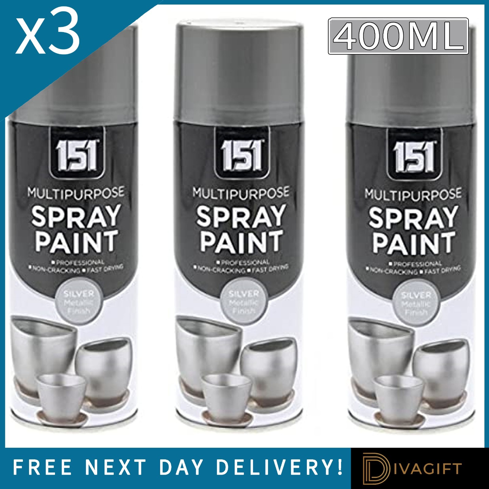 3 x SILVER METALLIC FINISH SPRAY PAINT 400ML INTERIOR EXTERIOR MULTI PURPOSE NEW