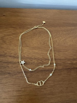 Christian Dior Petit CD Double Necklace White Crystals Gold Metal