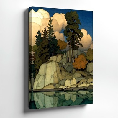 Canvas Forest Lake Landscape Rocky Shore Trees Clouds Nature Home Room Print