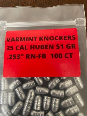 25 CAL HUBEN AMMO 51 GRAIN SLUG at .253" FROM VARMINTKNOCKERS