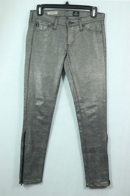 Adriano Goldschmied 26 R Metallic Plaid Ankle Zip Jeans Legging Super Skinny