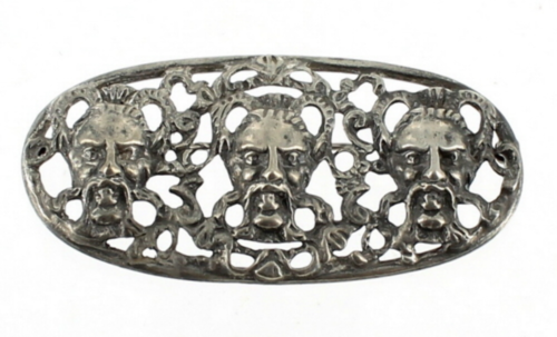 Antique 3 Satyr Faces Filigree Silver-Drunken Woodland Gods-Classical Pin 2 3/4" - 第 1/4 張圖片