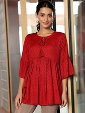 Beautiful Women Woven Design Tie-Up Neck Red A-Line Kurti for Women Girls