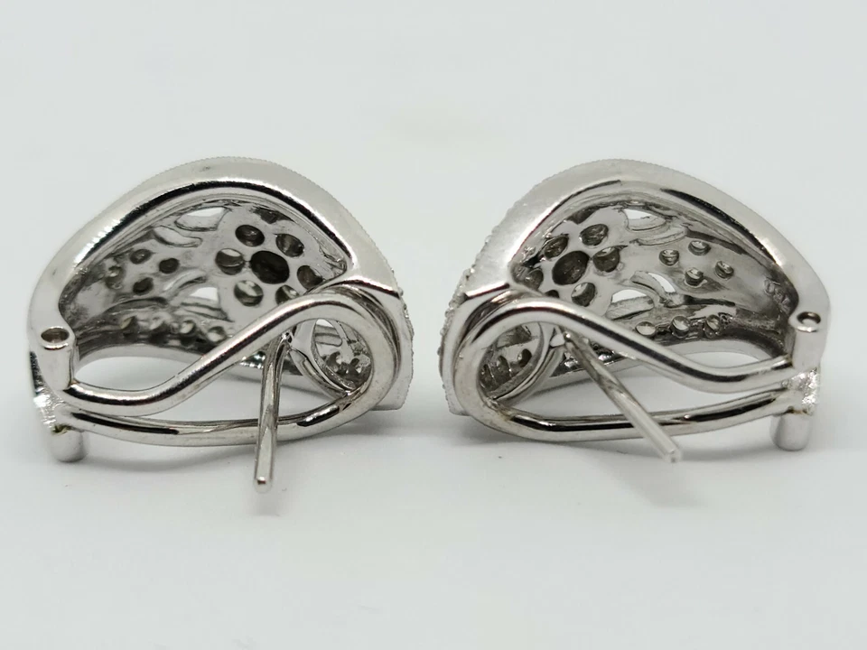 18K White Gold Natural Diamond Floral Motif Omega Clip Back Earrings MSRP $2,750 - Image 3 of 4