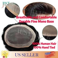 Mens Toupee Durable Fine Mono Lace Poly PU Around Hairpiece Remy Human Hair Wig