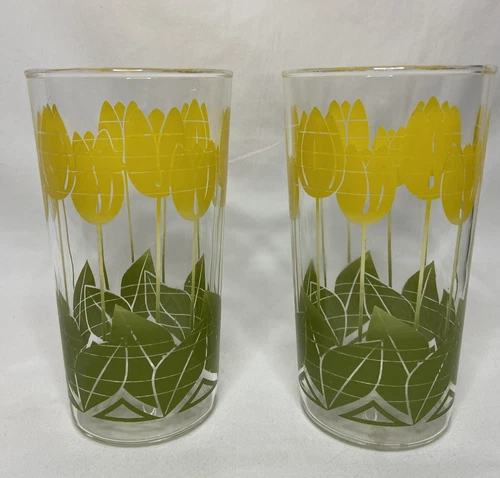 Vintage Anchor Hocking Yellow Tulip Tumblers Set Of 2 Glasses Flowers 1960s MCM