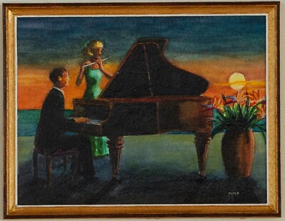 Original Miniature watercolor Painting ''Duett'' Musical, Piano and vocalist