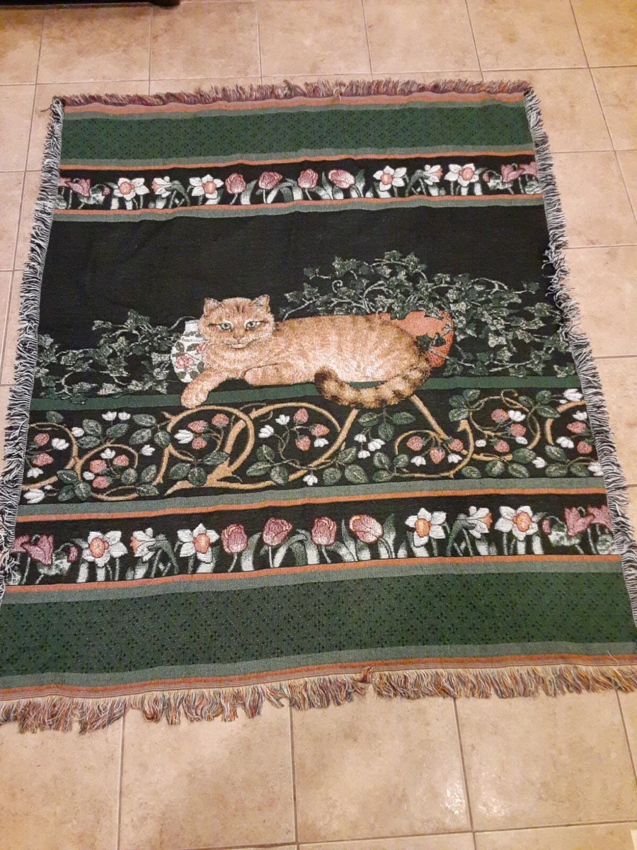Tapestry throw blanket Cat themed American weavers USA 45 x60