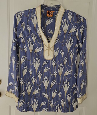 Tory Burch Blue Floral Tunic Shirt Blouse Sequin Neckline & Cuffs 93% Silk Sz 4