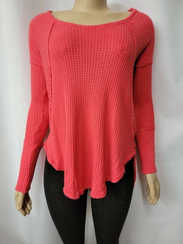 Free People Sunset Park Oversized Thermal Waffle Knit Tunic Sweater xs Coral #C3 - Picture 5 of 10