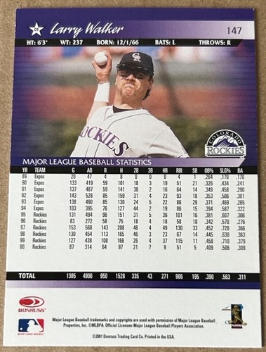 LARRY WALKER HOF 2001 DONRUSS Card #147 NM-MT Condition - Picture 2 of 2