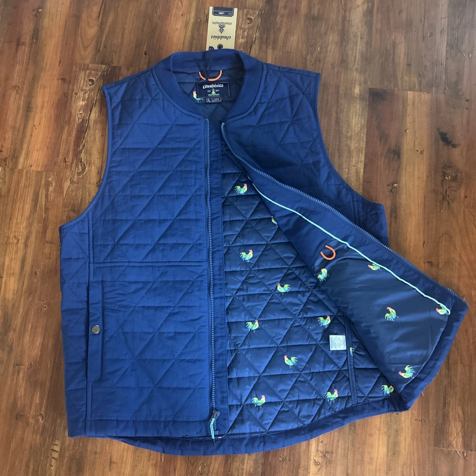 New Chubbies Quilted Vest Men’s Large Navy Rooster Preppy Easy Going Classic
