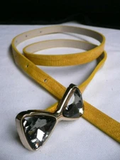 Women Summer Yellow Narrow Fashion Belt Crystals Ribbon Bow Tie Bling Buckle S M