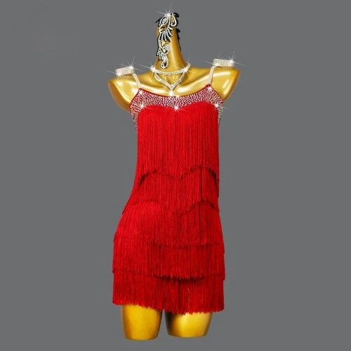 VETEMENTS Abito da ballo vestito nuovo rosso danza latina sexy frange gonna corta abiti pratica