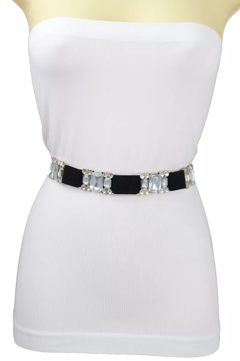 Women Black Elastic Prom Dance Fashion Belt Silver Bling Gold Metal Buckle S M