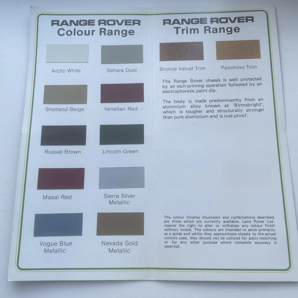 Range Rover Colour & Trim 1982-1983 UK Market Foldout Brochure 2-dr & 4-dr - Image 3 of 4