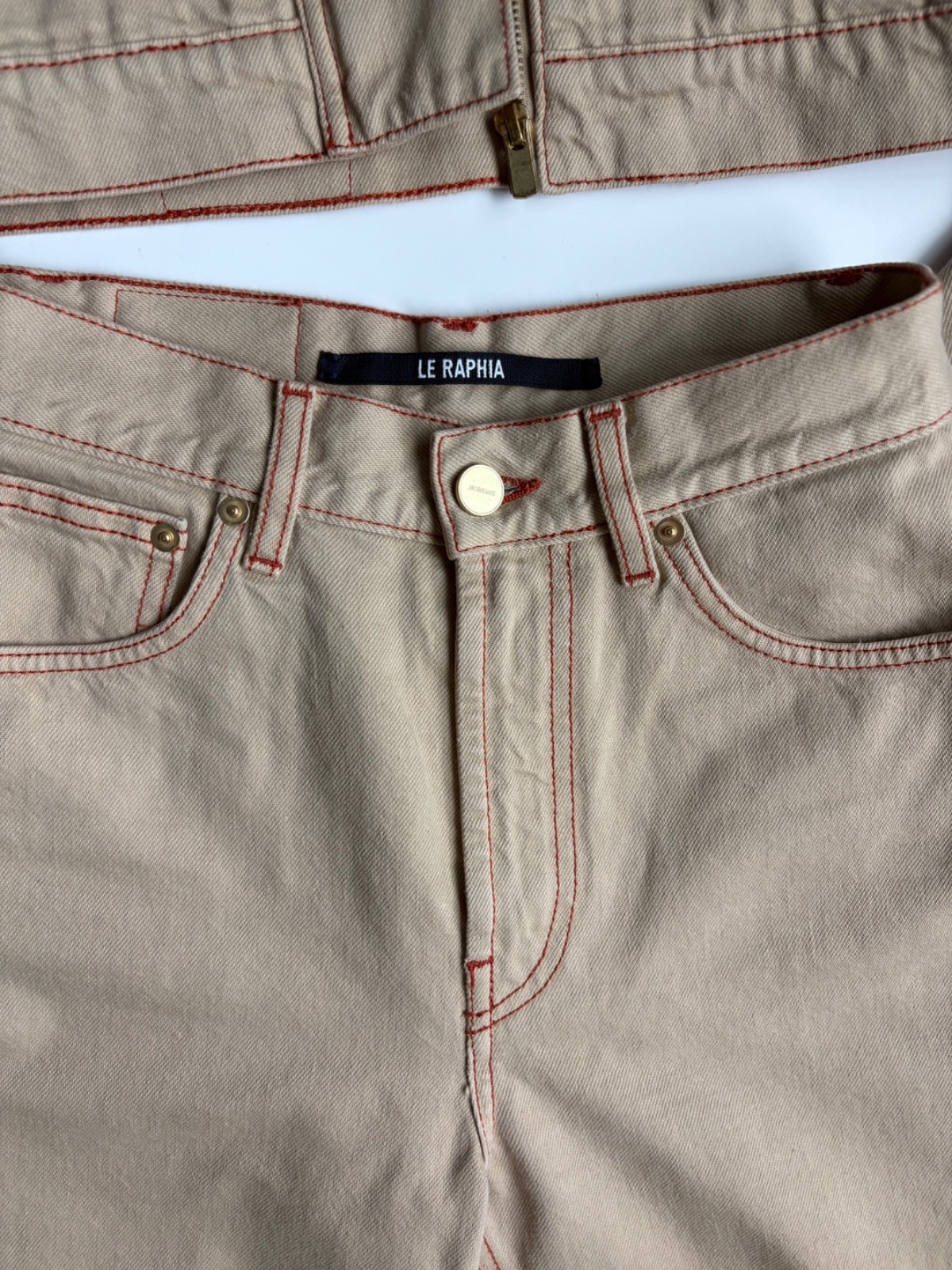 Jacquemus Le Raphia Denim Set- De Nimes Crop Jacket 36 & Jeans 26 Beige NWOT image 5