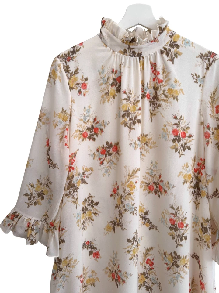 Erdem Carrington Silk Dress Floral Print Ruffle Mock-Neck Mini Size US 12 Large - Image 2 of 4
