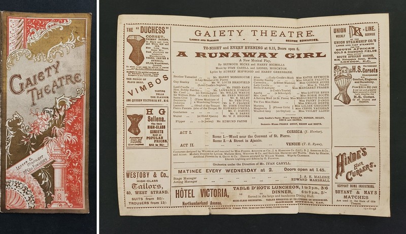 1898 antique GAIETY THEATRE london A RUNAWAY GIRL musical PLAY PROGRAMME 