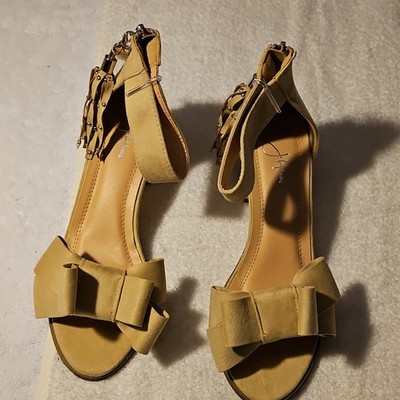 J. Adams Tan Synthetic Strappy Block Heel Sandals Bow Tassel Ankle Strap Women s