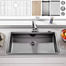 Stainless Steel Kitchen Sink 33" Undermount Single Bowl Workstation Silver