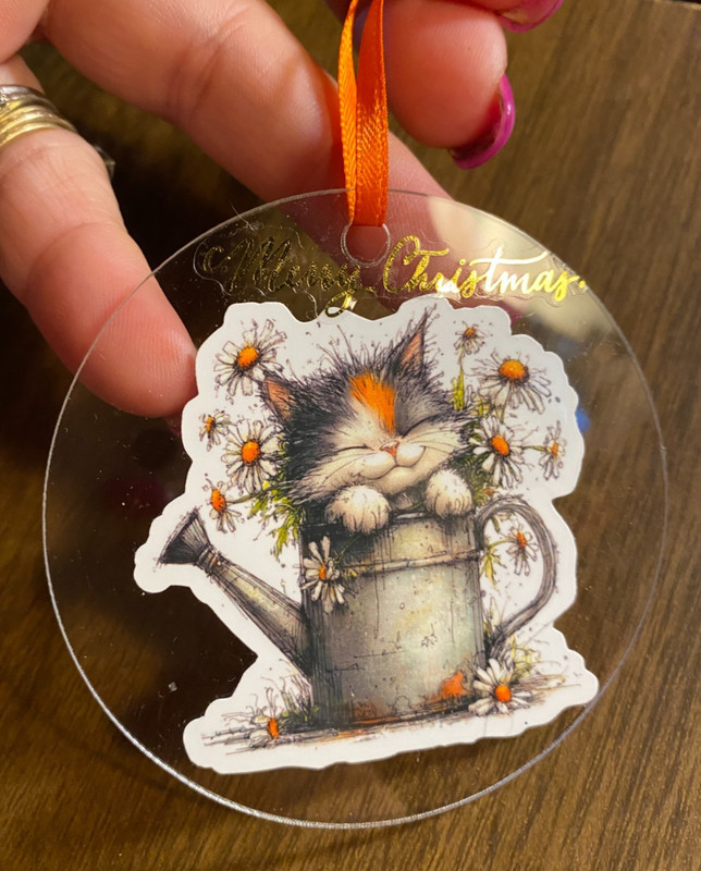 Acrylic Cat Kitty in Watering Can MERRY Christmas Ornament 3"