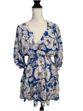 Misa Los Angeles Medium Floral Mini Dress Blue Crush Eight Gauze Smocked