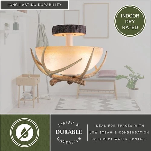 VAXCEL CF33016NS Lodge 16-in W Cream Rustic Antler Bowl Semi Flush Mount - Picture 7 of 8