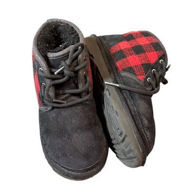 Ugg Size 1 Tie Redwood Neumel Red Plaid Suede Black Winter Christmas Warm Cozy