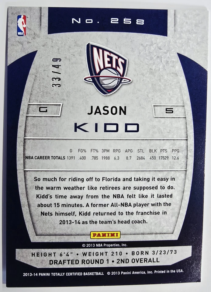 2013-2014 Totally Certified Totally Blue /49 Jason Kidd #258 Nets 🔵✨️ - Image 2 of 2