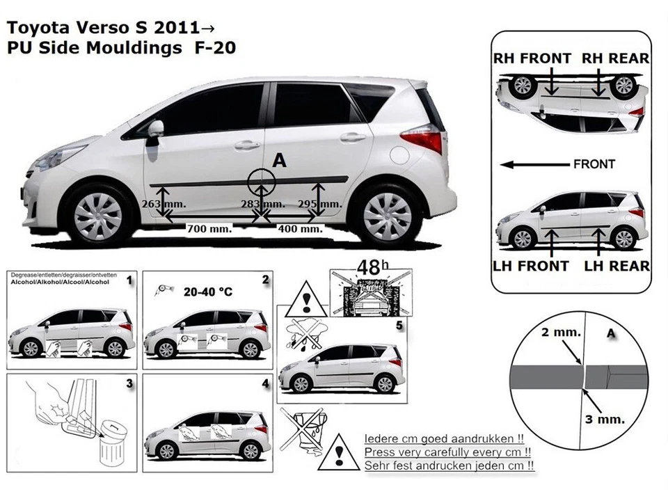 Listones de protección laterales negros para Toyota Verso S Minivan hatchback 11.2010- F20 - Imagen 4 de 4