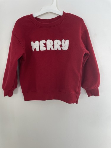 Cat & Jack Toddler Boys Girls Merry Applique Christmas Fleece Sweatshirt Red 4T - Picture 1 of 6