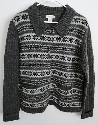 Cherokee L Cardigan Shetland Wool Fair Isle Long Sl Button Pockets Collar Gray W