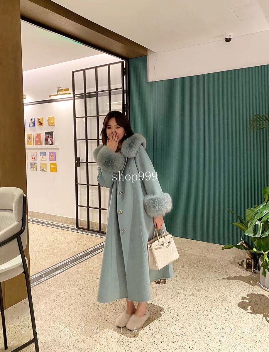 Womens Winter Fox Fur Collar Hooded Long Wool Coat Double Womens Winter Fox Fur Collar Hooded Long Wool Coat Double
