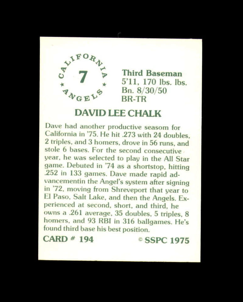 Dave Chalk Hand Signed 1975 SSPC California Angels Autograph - Image 2 of 2