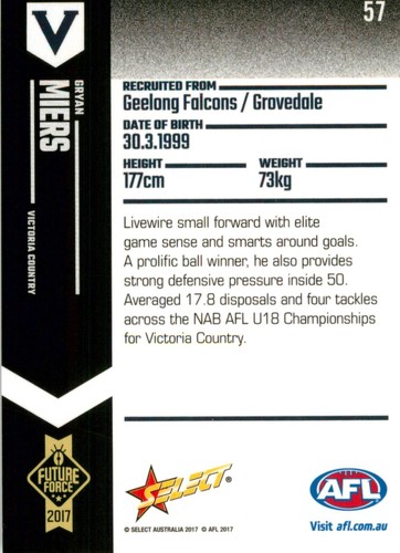 2017 Geelong Cats AFL Select Future Force Rookie Card - Gryan Miers - Picture 2 of 3