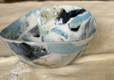 Handmade Multi Colors Blues and White Art Pottery Oval Bowl 4.5” Long Signed