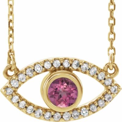 14K gelber natürlicher rosa Turmalin & weißer Saphir Evil Eye 18'' Halskette