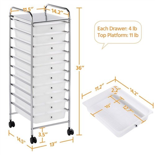 White 10 Drawer Rolling Storage Cart Organizer w/ Lockable Wheels File Cabinets - Picture 10 of 11