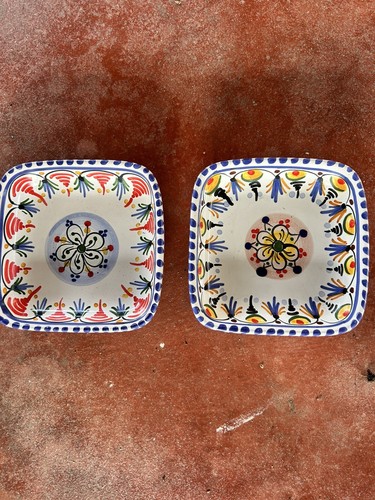 2 Ceramical PUENTE SPAIN Square Dip Bowl Hand Painted Majolica Numbered 4.75