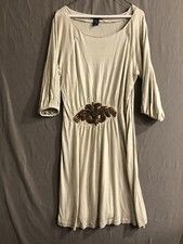 BOSTON PROPER ~ Women Cream Beaded Waist Midi Dress Blouson Sleeve MEDIUM