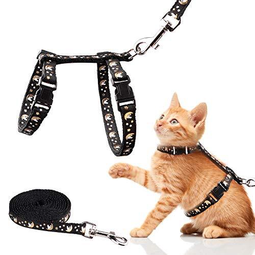 Cat Harness and Leash Set Gold Moons Stars Soft Nylon Escape Proof Black